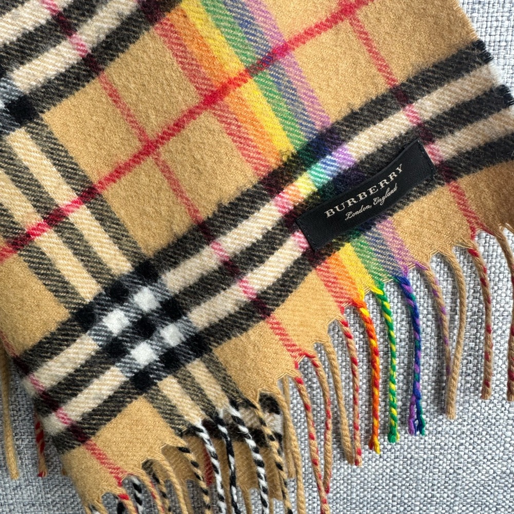 Burberry Tan Check Scarf with Rainbow Stripe - Picture 2 of 2